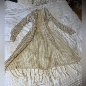 Bohemian crochet open knit fringe tassel maxi duster cardigan sweater cream boho